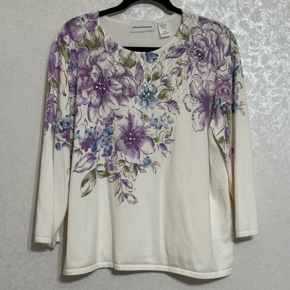 Alfred Dunner Floral Print Sweater Purple Blue Beaded Sequin Lace Detail Cream L